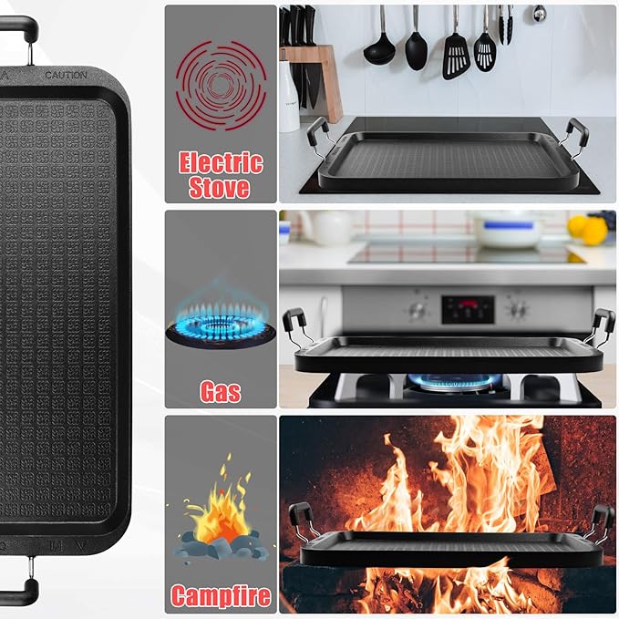 Vayepro 2-Burner Griddle Pan with Glass Lid - Nonstick Stovetop Griddle for Gas, Glass Stove Top - Aluminum Camping Grill Pan for Pancakes, Eggs, Breakfast