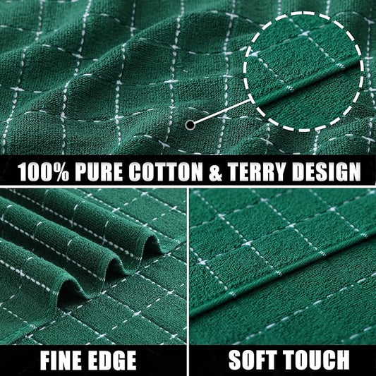 Mordimy 100% Cotton Terrycloth Kitchen Towels and Dishcloths Sets, Soft and Absorbent Checkered Dish Towels, Quick Drying Dish Rags for Washing Dishes, 4 Pack 16" x 26" & 4 Pack 12" x 12", Dark Green