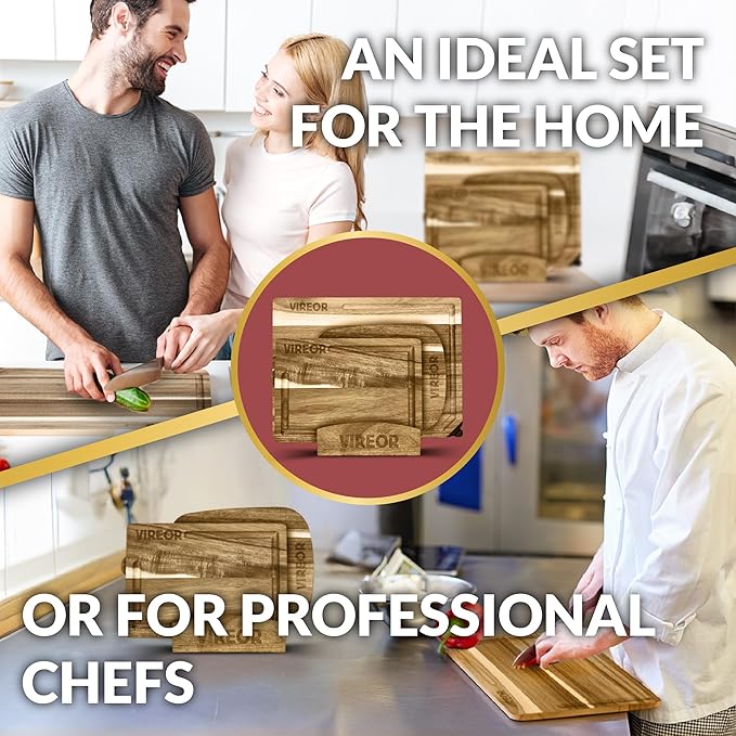 Acacia Wood Cutting Board Set with Knife Sharpener & Wax – 3 Durable, Eco-Friendly Boards with Stand – Perfect for Chopping, Serving & Impressing in the Kitchen