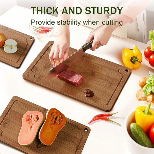 Bamboo Cutting Boards for Kitchen, Wood Cutting Board Set with Juice Grooves & Built-in Handles, Large Medium Small Chopping Board for Meat, Vegetables, Fruit