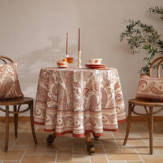 ISAENNE Designer French Red Round Square Tablecloth,Linen Table Cloth with Cashew Pattern,Stain Proof Decor Tablecloths for Dining Thanksgiving Kitchen Christmas,Diameter 55"-Chauffrey D