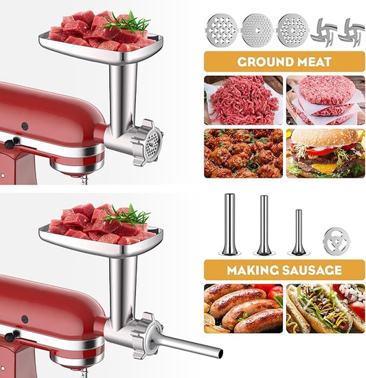 Meat Grinder & Stainless Steel Slicer Shredder Attachment for KitchenAid Stand Mixer, Meat Grinder Attachment with Sausage Stuffing Set and Cheese Grater, For KitchenAid Mixer Attachments