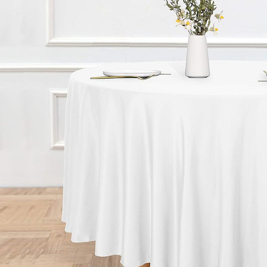 sancua Round Tablecloth - 120 Inch - Water Resistant Spill Proof Washable Polyester Table Cloth Decorative Fabric Table Cover for Dining Tables, Buffet Parties and Camping, White