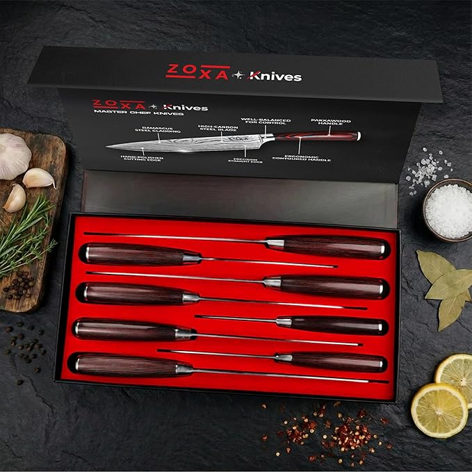 Kitchen Knife Set Professional Chef Knives, 8-Piece Stainless Steel Knife Set with Santoku, Nakiri, Bread, Paring, Boning Knives & Pakkawood Handle