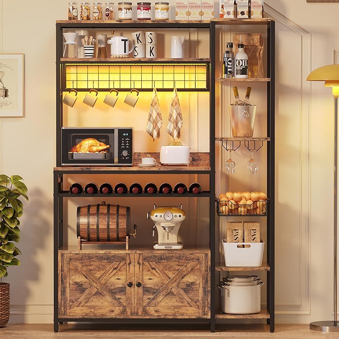 IRONCK Bakers Rack with Power Outlet, 47.24 Inch Coffee Bar Cabinet, Kitchen Microwave Stand with Storage, Kitchen Shelf with Shelves, LED Light, Globlet Holder and Wine Basket, Vintage Brown