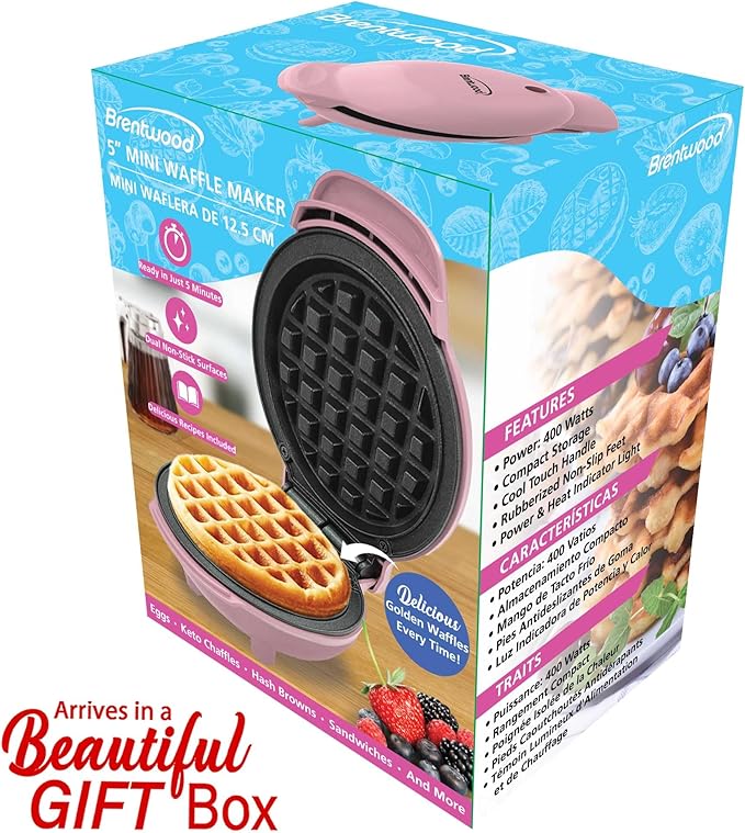 Brentwood 5” Non-Stick Mini Maker for Waffles, Keto Chaffles, Hash Browns, and More (Pink)