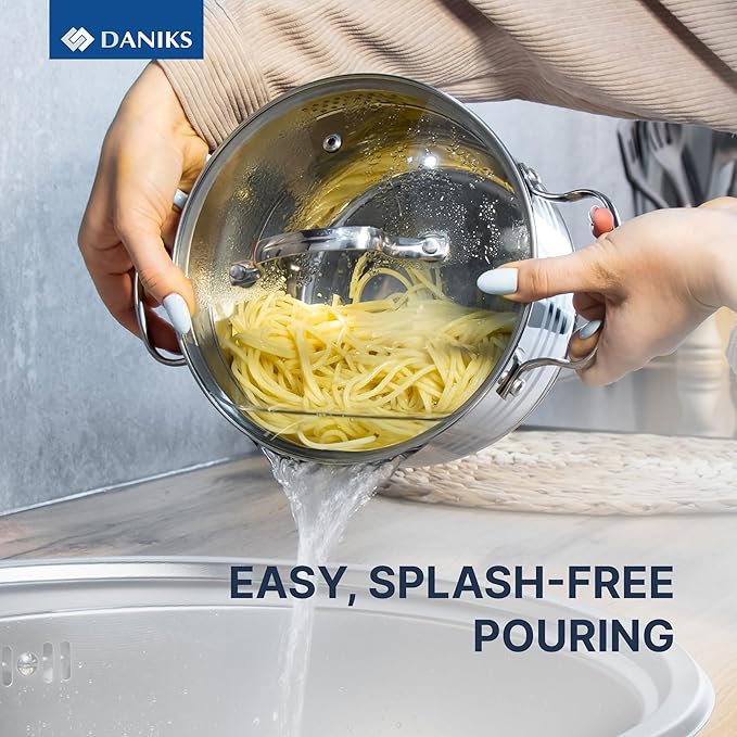 Daniks Tokio Stainless Steel Cookware Set, 6-Piece – 2 qt, 3 qt, 4.5 qt Pots with Glass Strainer Lids, Induction Ready, Dishwasher Safe, Measuring Scale, Silver