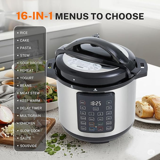 HealSmart 16-in-1 Electric Pressure Cooker 8 Quart, Non-Stick Stainless Steel Multi Cooker for Slow Cooking, Yogurt Maker, Steam, Rice, Bake, Dishwasher Safe, Silver