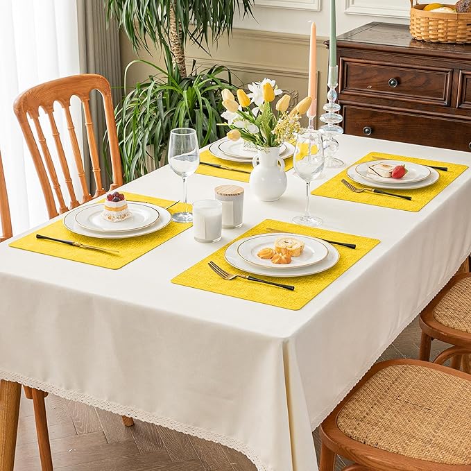 Romanstile Vinyl Placemats Set of 6-12 X 17 Inch - Heat Resistant Place Mats 100% Waterproof Oilproof Wipeable Reversible Faux Leather Table Mats for Kitchen, Dining, Party, Outdoor, Yellow
