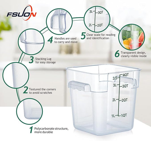 FSUON 4 Pack Clear Food Storage Containers with Lids and Handles Polycarbonate Square Commercial Food Containers, NSF (4Qt)