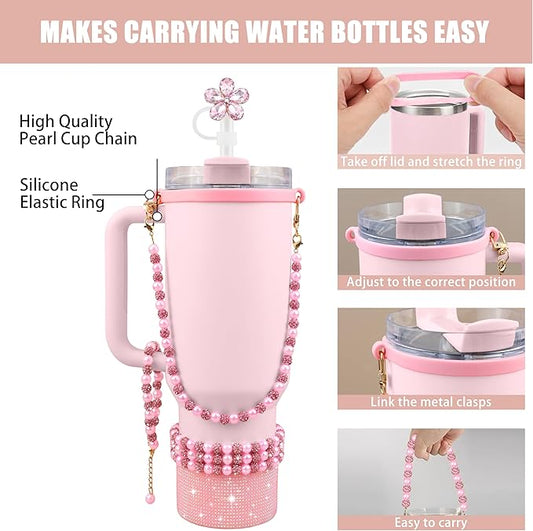 9PCS Pink of Stanley Cup Accessories Set 30/40 OZ Bling Pearls Rhinestones Charms for Stanley Decorations Tumbler Accessories Including Flower Straw Topper, Rhinestones Boot 30/40 OZ