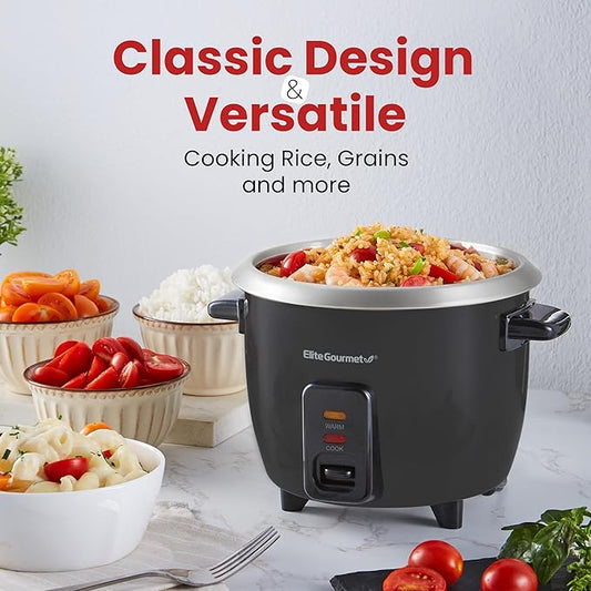 Elite Gourmet ERC003BX Electric Rice Cooker with Automatic Keep Warm Makes Soups, Stews, Grains, Hot Cereals, 6 Cups Cooked (3 Cups Uncooked), Black