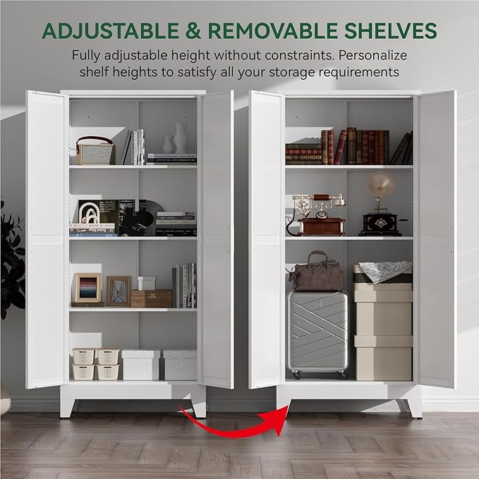 Kitchen Pantry Cabinet with Barn Doors,61" H x 27.5" W,Metal Farmhouse Storage Cabinet with Adjustable Shelves,4-Tier Storage Cabinet for Kitchen Dining Room Garage Office,White