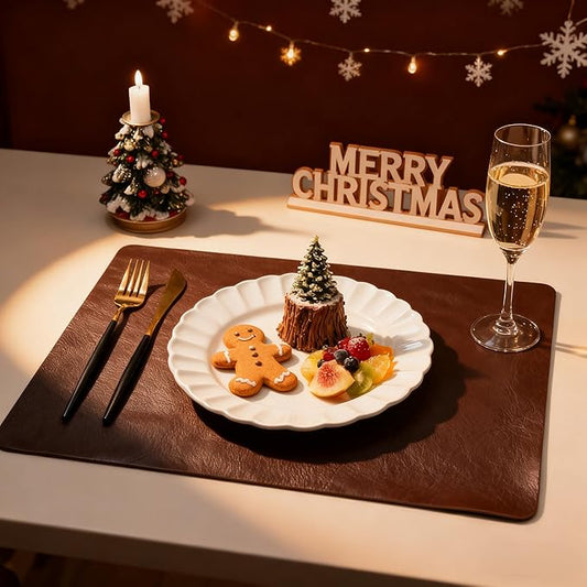 DOLOPL Placemats Set of 4 Reversible Dual-Color Table Placemats – Heat Resistant Wipeable & Brown Placemats, Luxury Faux Leather Table Mats for Vintage Dining Table Decor(Dark Brown & Black)