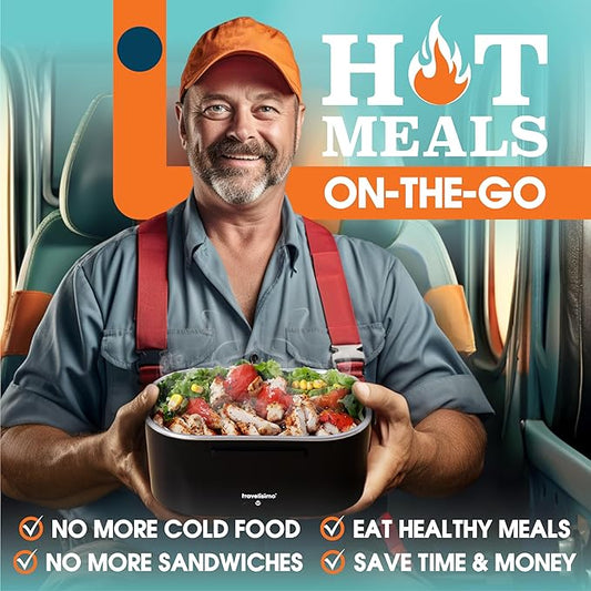 TRAVELISIMO Electric Lunch Box for Adults 100W Heated Lunch Box For Men 1.5L Stainless Steel Portable Food Warmer, 12/24/110V Electric Food Warmers for Travel & Work Loncheras Para Hombres de Trabajo