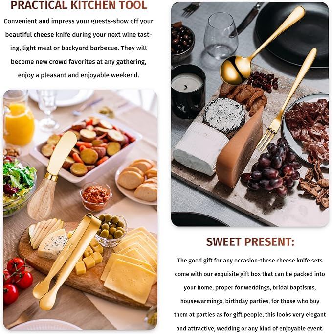 Cheese Butter Spreader Knives Set Charcuterie Accessories Stainless Steel Spreader Knives with Wooden Handles Charcuterie Boards Utensils Mini Serving Tongs Spoons and Forks (Gold,14 Pieces)