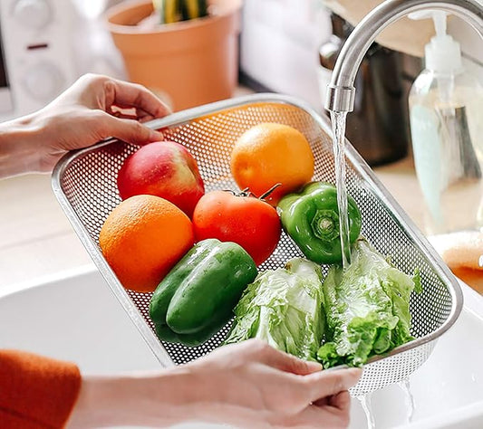 Cedilis 2 Pack Large Stainless Steel Colander Strainer, 6 Quart Mesh Vegetable Washing Basket, Rectangle Drainer Sink Basket for Vegetable Fruit Food (15" x 11" x 2.6")