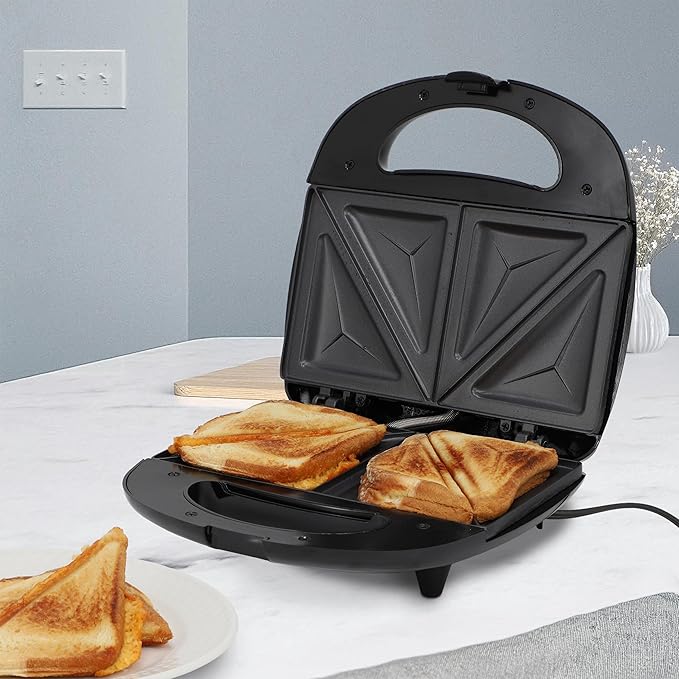 MegaChef Electric Compact Aluminum Nonstick Panin Press Grill Sandwich Maker, Countertop Appliance, Sandwich Grill, Upright Storage, Overheat Safety Protect (Triangle Plate)