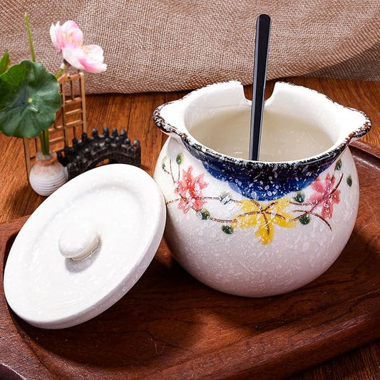 Japanese Red Flower Ceramic Sugar Jar & Spice Container with Lid & Stainless Steel Spoon Set – Kitchen Storage, Elegant Floral Design, Sustainable Gift (Zen-Inspired Tableware)
