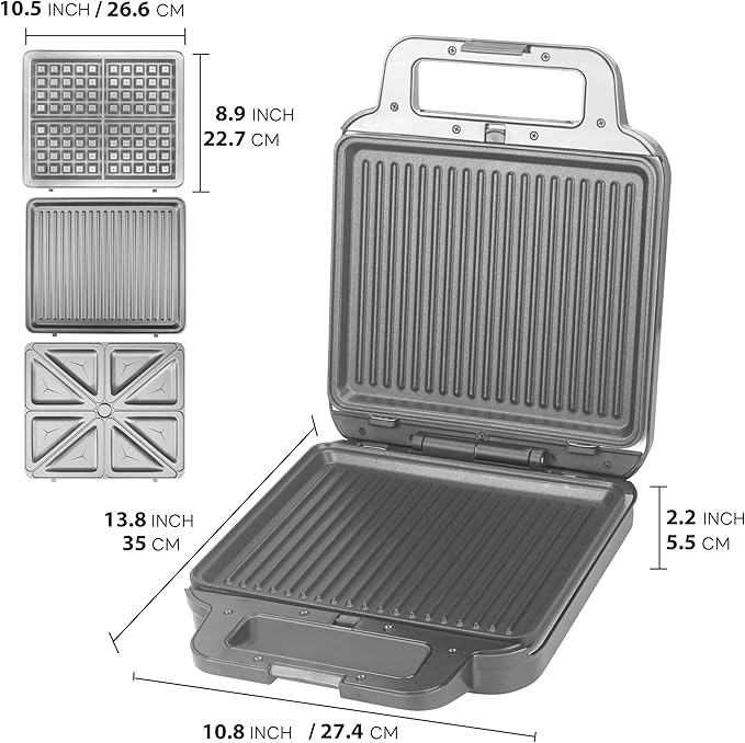 3 in 1 Panini Grill Press with 3 Removable Plates, Breakfast Sandwich Maker, Electric Griddle Panini Press, Grilled Cheese Maker, Sandwichera Electrica, Belgian Waffle Maker