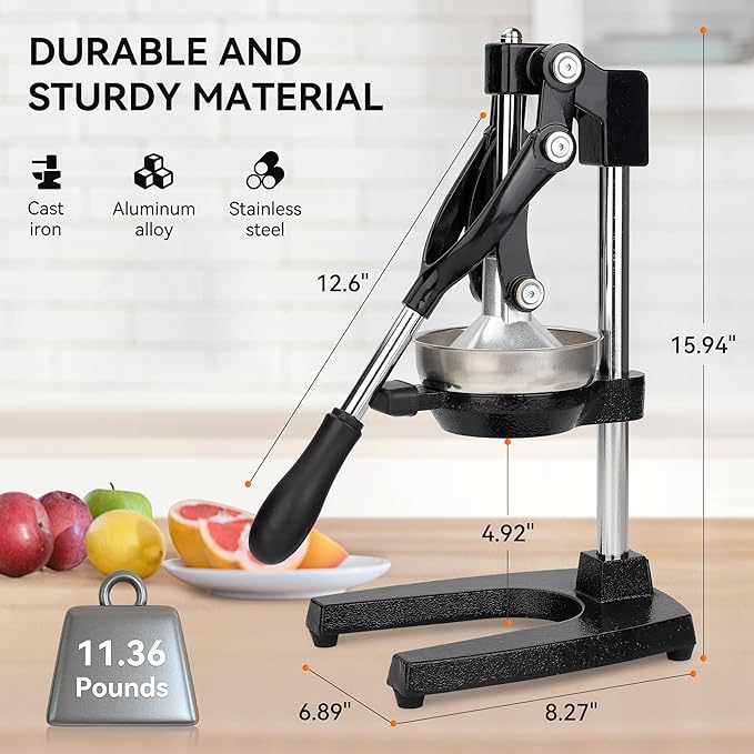 Cast Iron Juicer, Heavy-Duty Manual Juicer Hand Press, Citrus Juicer for Lemons, Oranges, Pomegranates, Grapefruits, and Other Fruits, Easy-To-Use and Clean Stainless Steel Lemon Squeezer (Black)