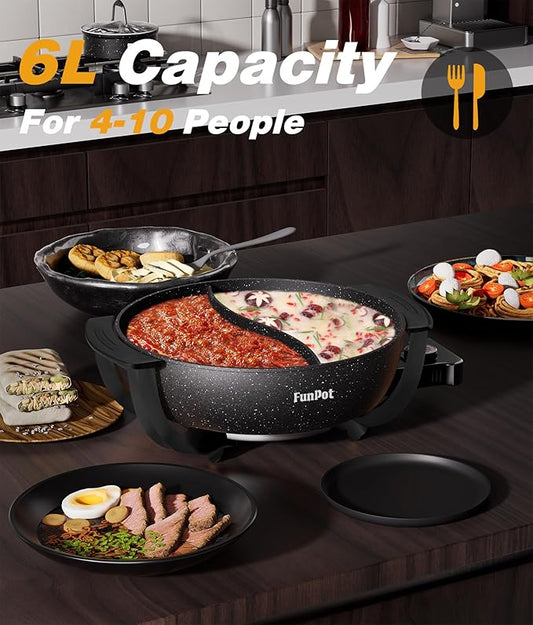 6L Dual-Sided Electric Hot Pot with Cool-Touch Handles, 1100W Adjustable Heat, Hexagonal Non-Stick Interior & Overheat Protection (Wraparound Black Handles)