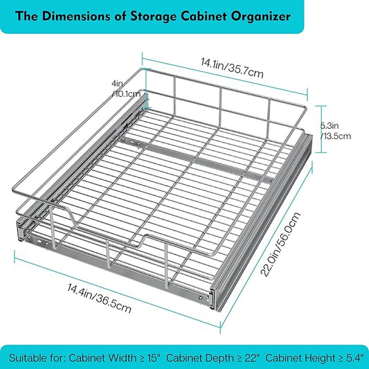 Pull Out Cabinet Organizer 15" W X 22" D, Slide Out Drawers For Kitchen Organizers and Storage, Pull Out Drawers For Cabinets Capacity Heavy Duty Caddy, Cabinet Shelves Chrome-Plated, Bathroom Pantry