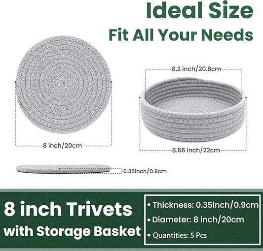 8 Inch Trivets for Hot Dishes, Hot Pots and Pans, Thick Heat Resistant Large Coaster for Kitchen, Hot Pads, Kitchen Essentials, Kitchen Decor for Table & Countertop with Storage Basket, 5 Pcs