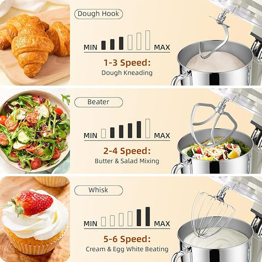 Babroun Dough Mixer 8.45 QT Electric Mixer - 660W 6 Speed Large Capacity Kitchen Stand Mixer with Whisk Dough Hook Mixing Beater Household Food Mixer for Baking Cakes Cookie Bread Salad