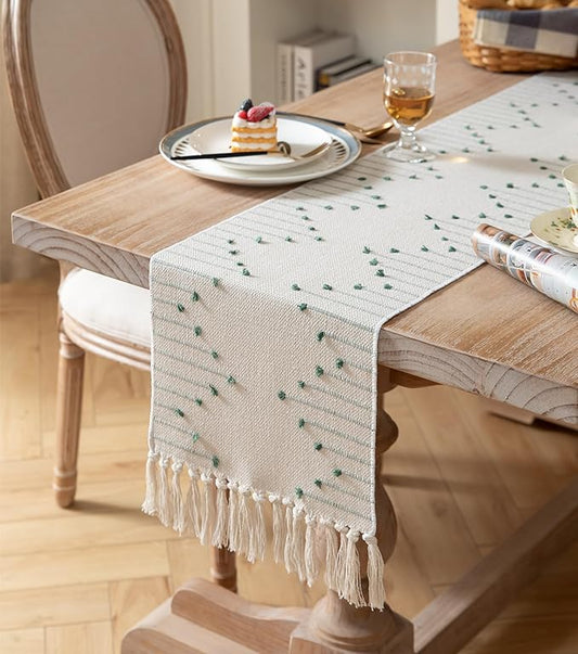 Boho Table Runner 13 x 72 Inch Long Natural Cotton Woven Runner with Tassels for Home Dining Table décor, for Modern Farmhouse Decor Coffee Table Runner, Green and Beige