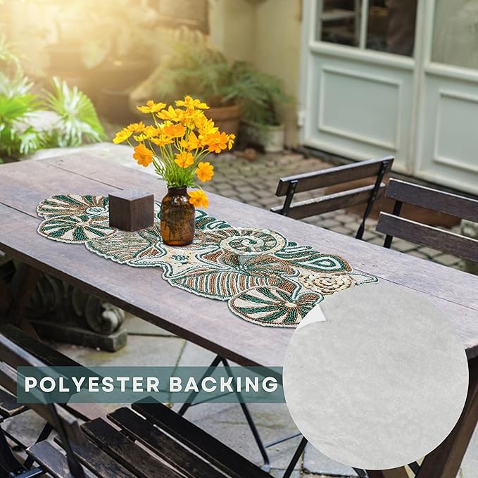 Elegant Dining Table Runner - Handmade Beaded & Polyester Table Runner - 13x36 Stain-Resistant Floral Accent for Dining Table, Wedding, Party, Holiday Décor (Green Brown White) - ALPHA Living HOME