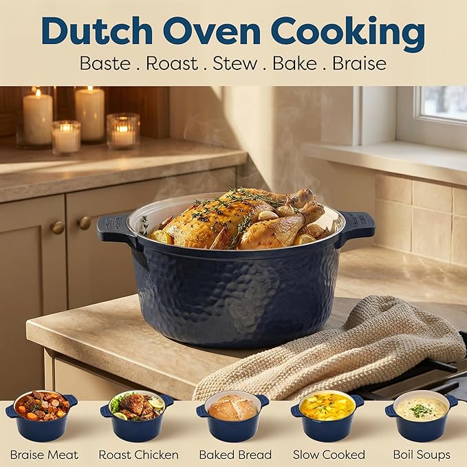 Gotham Steel Hammered 5 Qt Lightweight Dutch Oven Pot with Lid & Holders, Ceramic Non Toxic, Oven Safe & Even Heat Retaining Dutch Oven for Bread Baking Sourdough, Soup, 70% Lighter than Cast Iron