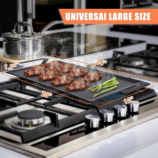24'' Carbon Steel Griddle for Gas Grill, Double Burner Cooking Griddle Pan for Gas/Stovetop Oven/Induction Cooktop/Charcoal Grill, Professional Pre-seasoned Cookware