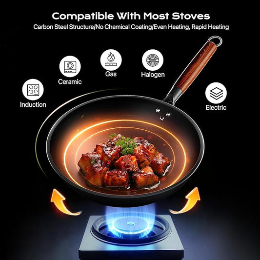 ziluetar Carbon Steel Wok 13-Inch Wok Pan with Glass Cover Silicone Spatula, Non-Stick Surface Woks & Stir-Fry Pans Pre-Seasoned Chinese Wok Pan for Induction, Electric, Gas Stoves Cooking