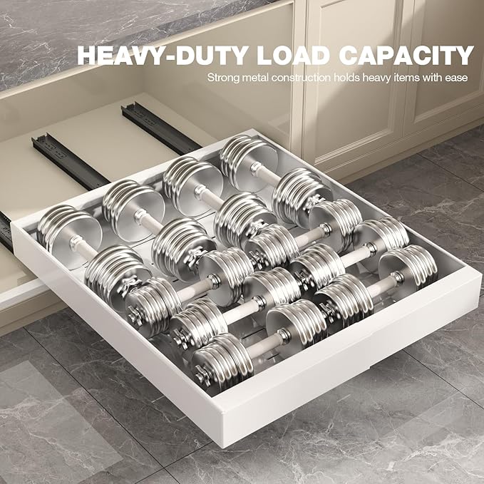 2 Pack Pull Out Cabinet Organizer 24" Deep,Full Extension 3 Slide Rails Slide Out Drawers With Raising Pad for Framed Cabinets,Expandable Width (12.3"-20.5"),No Drill Roll Out shelf,White