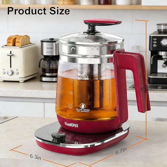 1200w Electric Kettle, 1.5L Borosilicate Glass tea kettle, Hot water kettle electric for Coffee or Tea, BPA Free, Auto Shut-Off, Stainless Steel, Fast Boil, Red