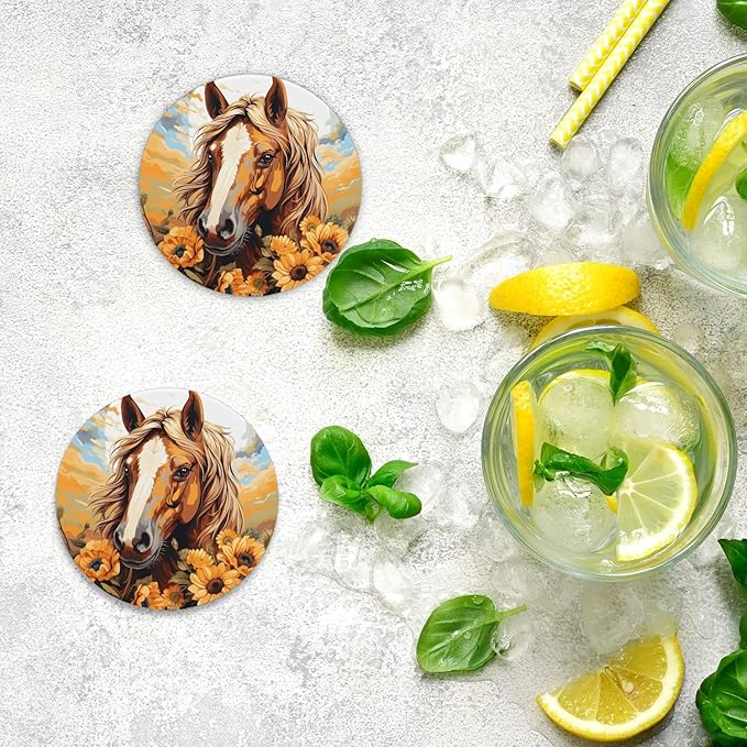 Round Coasters Set of 2, Horse Sunflowers Sunny Sky Absorbent Ceramic Coaster with Cork Base, Bar Coasters for Drinks Coffee Mugs Tea Cups Wine Glasses Home Decor Gifts (4 inches)