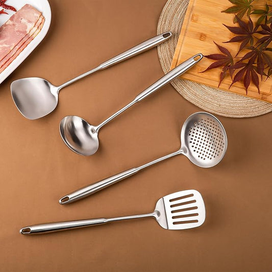 FJNATINH 4-Pieces 304 Stainless Steel Wok Spatula Set,Cooking Utensil Set,Soup Ladle Colander,Nonstick Kitchen Cooking Utensils Set with Spatula,Kitchenware Tools
