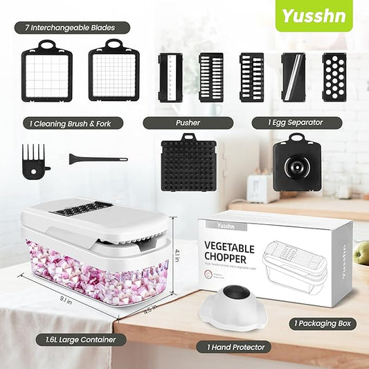Vegetable Chopper,12-in-1 Multifunctional Food Chopper,Professional Onion Chopper with 7 Blades,Vegetable Cutter with Container for Salad,Potato,Carrot,and Garlic,Essential Kitchen Tool (White)