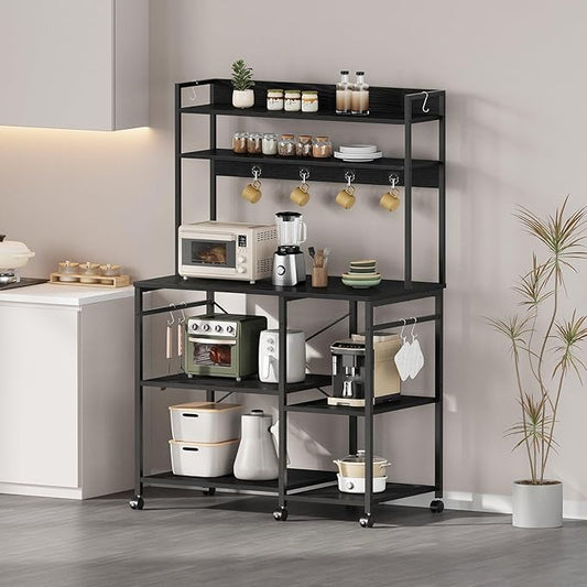 Kitchen Bakers Rack with Storage,Microwave Stand with Wheels,with Adjustable Shelves,Kitchen Shelves,Coffee Bar with 10 S-Shaped Hooks,35.4 * 15.8 * 61 Inches,Black