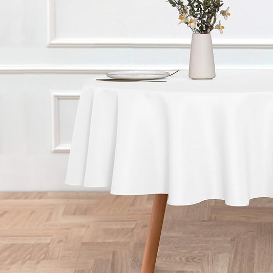 sancua Round Tablecloth - 70 Inch - Water Resistant Spill Proof Washable Polyester Table Cloth Decorative Fabric Table Cover for Dining, Buffet Parties and Camping, White(Fits 24-58 Inch Tables)