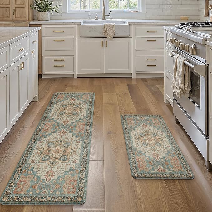 GENIMO Kitchen Mats for Floor 2PCs, Washable Anti Fatigue Mat for Cushioned, 17.3"x59"+17.3"x30", Waterproof Kitchen Rugs, Non Slip Comfort Standing Mat Rug for Home, Laundry, Lake Blue