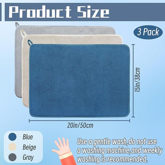 3 Pack Microfiber Dish Drying Mats,Ultra Absorbent Dish Drainer Mats,20x15" Large Size Kitchen Quick Dry Pads for Counter,Under Sink,Coffee Rack(Blue,Beige,Gray)