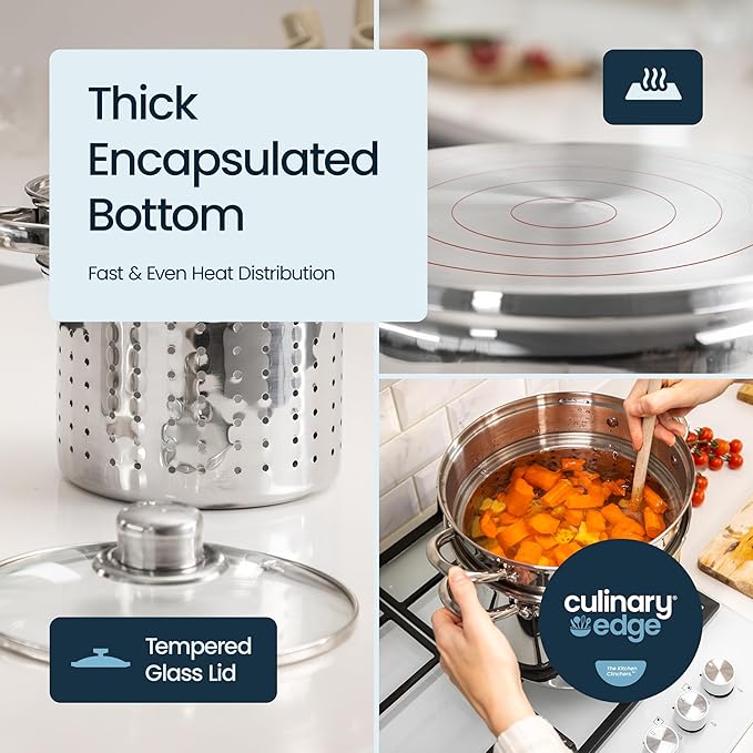 Culinary Edge Stainless Steel 8-Quart Nonstick 4-Piece Multi-Cooker with Steamer and Pasta Pot Cookware Set