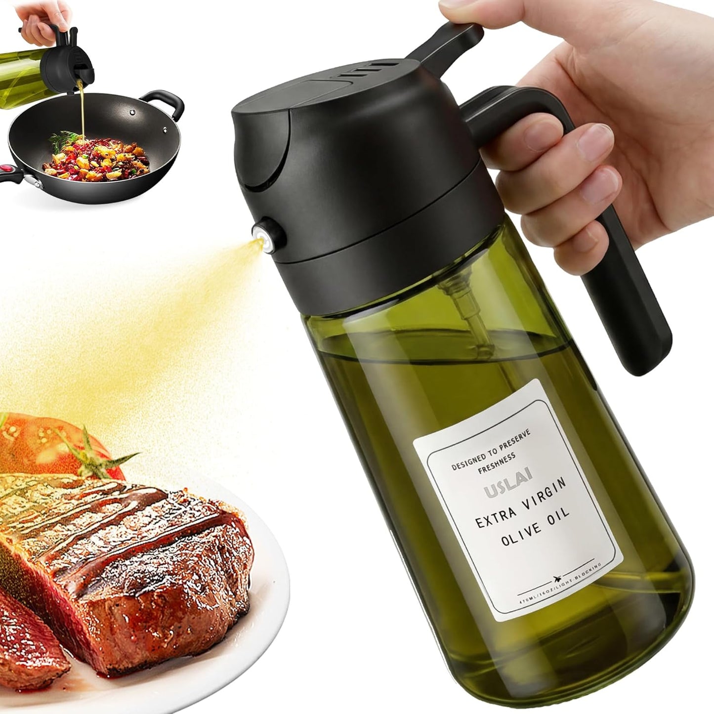 USLAI Oil Sprayer for Cooking, 16oz/470ml 2 in 1 Glass Olive Oil Dispenser Bottle for Kitchen, Air Fryer, BBQ and Salad - Green