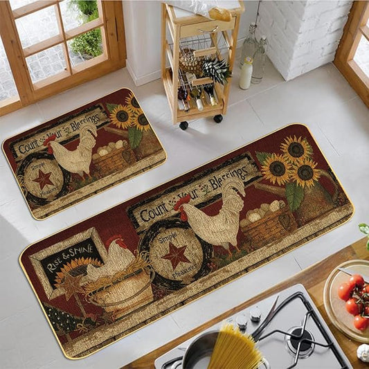 Farmhouse Decorative Kitchen Rugs and Mats Set of 2, Farm Rooster Non-Slip Kitchen Mats,Seasonal Holiday Party Sets Washable Low-Profile Floor Mats - 17x29 and 17x47 Inch
