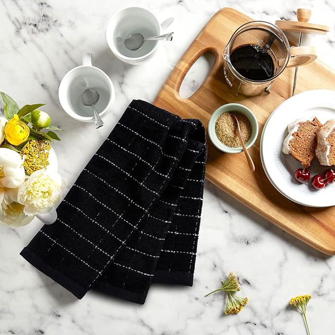 Mordimy 100% Cotton Terrycloth Kitchen Towels and Dishcloths Sets, Soft and Absorbent Checkered Dish Towels, Quick Drying Dish Rags for Washing Dishes, 4 Pack 16" x 26" & 4 Pack 12" x 12", Black