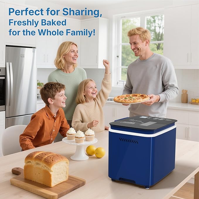 2.2LB Bread Maker, 21-in-1 Programmable Bread Machine with Digital Touch Panel, 3 Loaf Sizes 3 Crust Color, Keep Warm, 15H Timer, Blue Bread Making Kit & Breakfast Maker with Nonstick Pan