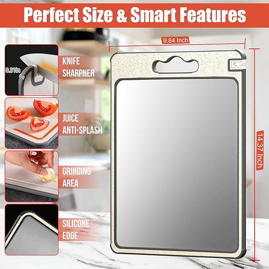 100% Pure Titanium Cutting Board Pro | Non Toxic Chopping Board for Kitchen | Dual Sided, Metal & Wheat Straw Boards with Knife Guards & Sharpener, Finger Guard & Juice Groove