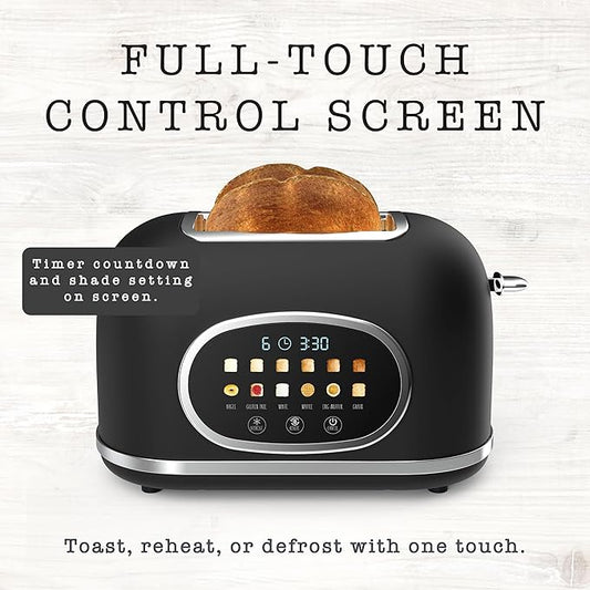 Rae Dunn Retro Digital Electric Toaster, 2 Slice Stainless Steel Toaster With Touchscreen, Countdown Timer, 6 Shade Settings, Wide Slots, High Lift Lever, Bagel, Defrost & Reheat, Digital Black